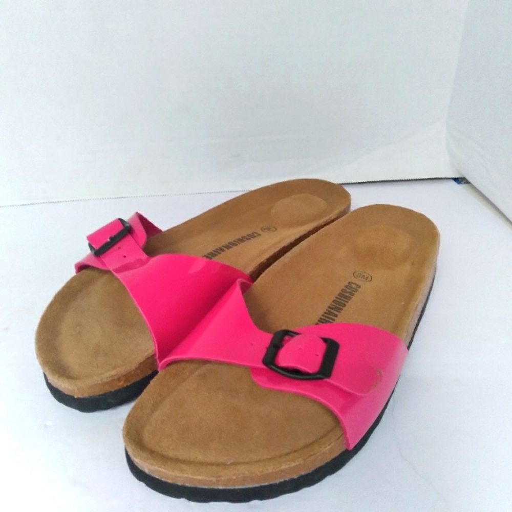 Hot Pink Cushionaire Single Strap Sandals with Cork Footbed Summer Slides